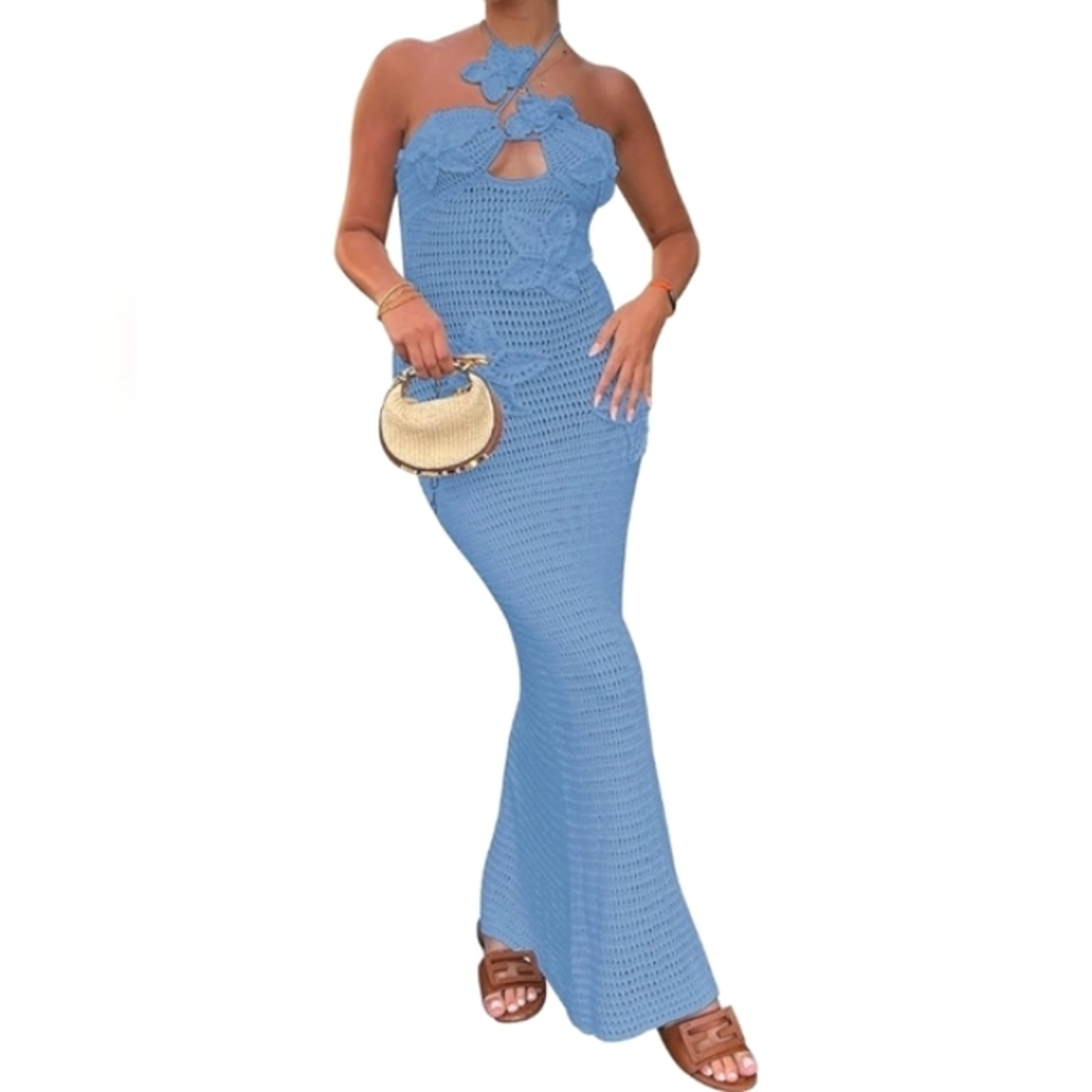 Sky Blue Crochet Maxi Dress Flower Appliques Boho Festival Long Gown Coverup